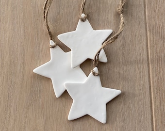 Set of 3 Large White Clay Stars, Tree Ornaments, Wall Hanging, Scandi Christmas Decor, Nordic Decoration, Handmade Ornaments