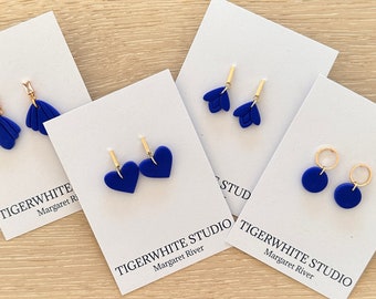 Kobalt Blaue & 18k Gold Fimo Ohrringe, Geometrische Ohrringe, Statement Ohrringe, Handgefertigter Schmuck aus Fimo