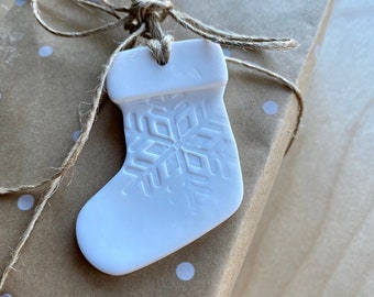 Set of 5/10/20 White Embossed Clay Stockings, Christmas Decorations, Santas Stocking Gift Tags, Scandi Decor, Handmade Ornaments