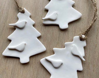 Set of 3 White Christmas Clay Tree Hanging Ornaments, Scandi Decor, Handmade Ornaments, Scandi Christmas, Housewarming Gift