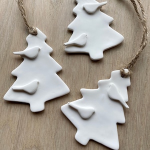 Set of 3 White Christmas Clay Tree Hanging Ornaments, Scandi Decor, Handmade Ornaments, Scandi Christmas, Housewarming Gift