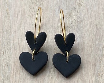 Colección Black Velvet Heart, aros de arcilla polimérica Love Heart, pendientes llamativos, joyas hechas a mano