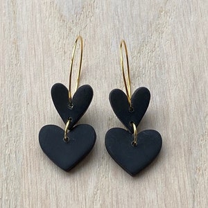 Black Velvet Heart Collection, Love Heart Polymer Clay Hoops, Statement Earrings, Handmade Jewellery