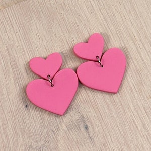 Pink Clay Earrings, Love Heart Polymer Clay Dangles, Pink Statement Earrings, Handmade Jewellery