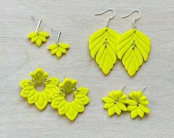 Citron Lemon Yellow Clay Earrings, Sterling Silver, Geometric Clay Dangles, Yellow Statement Earrings, Hypoallergenic Handmade Jewellery