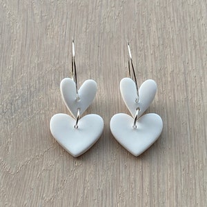 White Velvet Heart Collection, Silver or Gold Heart Earrings, Love Heart Polymer Clay Hoops, Valentines Gift, Handmade Jewellery