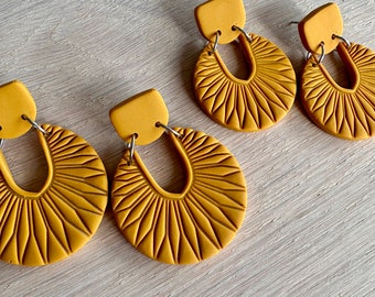 Mustard Clay Earrings, Geometric Clay Dangles, Yellow Statement Earrings, Handmade Jewellery