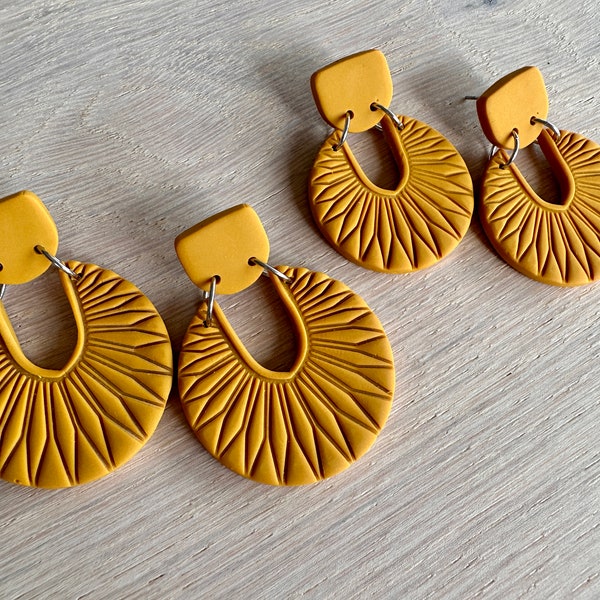 Mustard Clay Earrings, Geometric Clay Dangles, Yellow Statement Earrings, Handmade Jewellery