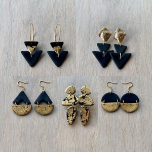 Black & Gold Collection, Geometric Clay Dangles and Hoops, Statement Earrings, Handmade Jewellery