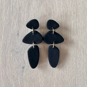 Black Abstract Earrings, Pebble Dangle, Gold or Silver-plated, Statement Polymer Clay Dangles, Handmade Jewellery