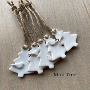 5 White Mini Clay Christmas Tree Hanging Ornaments, Wedding Favours, Gift Tags, Scandi Decor, Handmade Ornaments, Scandi Christmas