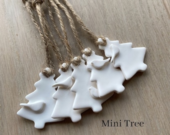 Set of 5 White Mini Clay Christmas Tree Hanging Ornaments, Wedding Favours, Gift Tags, Scandi Decor, Handmade Ornaments, Scandi Christmas