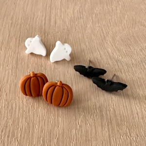 Pacote de Brincos de Halloween: Brincos de Abóbora, Morcego e Fantasma de Argila de Polímero