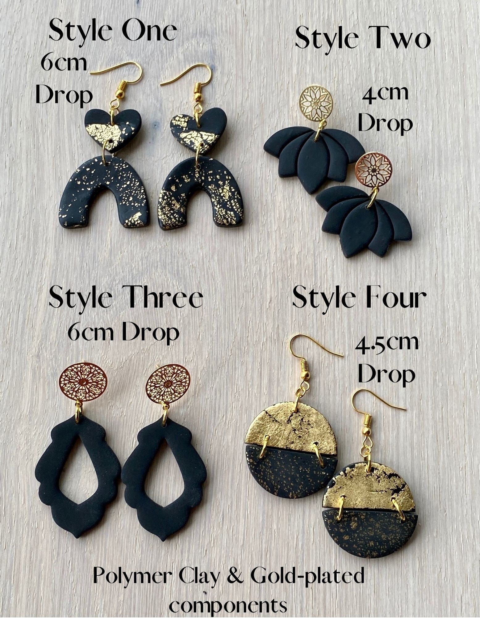 Geometric Clay Dangles Statement Earrings Polymer Clay Drop Earrings Handmade Jewellery Black Velvet & Gold Collection