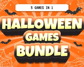 Op de afbeelding: Een Halloween-thema grafische afbeelding met de tekst "5 GAMES IN 1 HALLOWEEN GAMES BUNDLE" in zwart en geel. De afbeelding bevat vleermuizen en spinnenwebben op een oranje achtergrond.