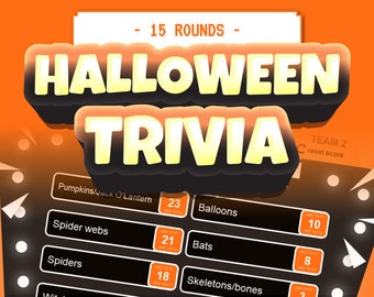 Op de afbeelding: Een Halloween-trivia-spelbord met 15 rondes. Het bord heeft een zwarte achtergrond met oranje en witte tekst. De categorieën zijn Pompoenen/Jack O'Lantern, Spinnewebben, Spinnen, Ballonnen, Vleermuizen, Skeletten/Beenderen. Het spel is voor Team 2 en heeft een reset-score-knop.