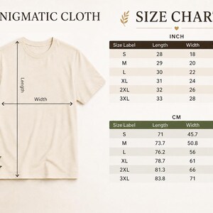 May include: A plain beige short-sleeve t-shirt displayed next to a size chart titled ENIGMATIC CLOTH. The chart provides measurements in inches and centimeters for sizes S through 3XL, detailing length, width, and sleeve length for the garment.