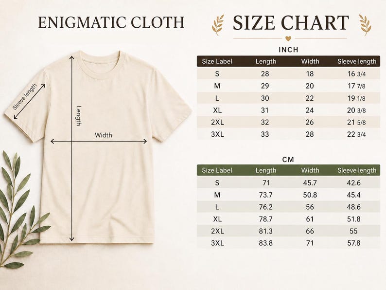 May include: A plain beige short-sleeve t-shirt displayed next to a size chart titled ENIGMATIC CLOTH. The chart provides measurements in inches and centimeters for sizes S through 3XL, detailing length, width, and sleeve length for the garment.