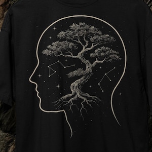 T-shirt Bonsaï esprit cosmique, tête céleste avec racines et étoiles, nature spirituelle, art cérébral nuit étoilée, t-shirt unisexe Gildan
