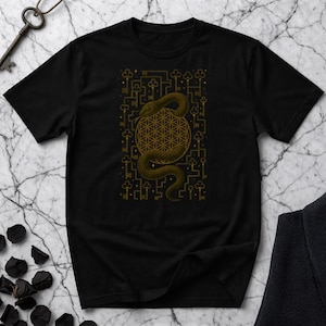 Flower of Life Snake Shirt, Sacred Geometry & Esoteric Symbolism Tee, Serpent and Keys Tee, Occult Metaphysical Art, Unisex Gildan T-Shirt