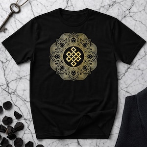 Tibetan Endless Knot Death and Rebirth Symbol Shrivatsa Mystical Knot Mandala Lotus Flower Spiritual Gift Short-Sleeve Unisex T-Shirt