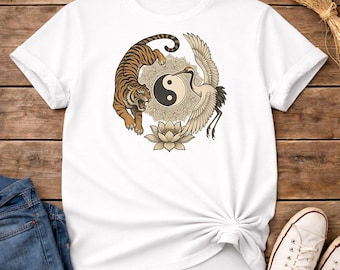 Tiger and Crane Yin Yang Mandala | Sacred Balance with Lotus Flower | Taoist Symbolism Tattoo Art | Unisex Softstyle Gildan T-Shirt