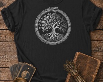 Ouroboros Tree Shirt - Cycle of Life Snake Tee - Bloom and Decay Nature Graphic