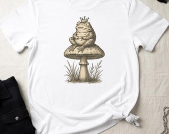 Frog King on Mushroom Shirt - Funny Crowned Toad Nature Tee - Trippy Forest Amphibian Design - Zen Frog Humor Unisex T-Shirt