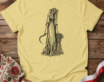 Południca Slavic Field Spirit - Sickle and Wheat Folk Horror T-Shirt