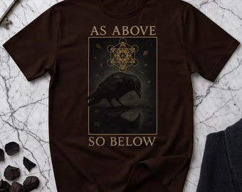 As Above So Below Raven T-Shirt | Hermetic Occult Metatron Cube Tee | Esoteric Reflection Crow Magic Shirt | Unisex Gildan T-Shirt