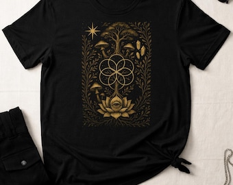 Seeds of Life Lotus T-Shirt - Third Eye Mushroom Flower Sacred Geometry Tee - Spiritual Awakening Fungi Crystal Unisex T-Shirt