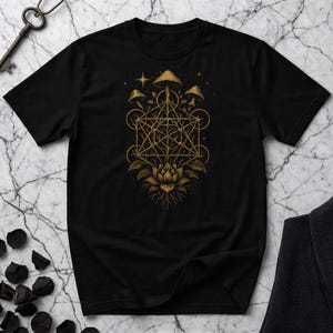 Metatron's Cube Mushroom Tee, Sacred Geometry Lotus Fungi Psychedelic Tee, Spiritual Mycology Esoteric Roots Shirt, Unisex Gildan T-Shirt