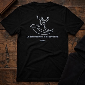Maglietta con citazione di Rumi e derviscio roteante | Lascia che il silenzio ti guidi | Maglietta mistica sufi | Illustrazione minimalista spirituale | T-shirt unisex