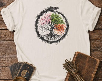 Ouroboros Seasons Shirt - Serpent Cycle of Nature Tee - Seasonal Tree Graphic