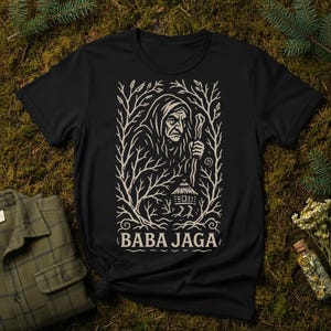 Camiseta Baba Yaga | Camiseta de bruja eslava | Camiseta de folclore minimalista | Estampado de espíritu del bosque | Camiseta unisex de estética pagana oscura