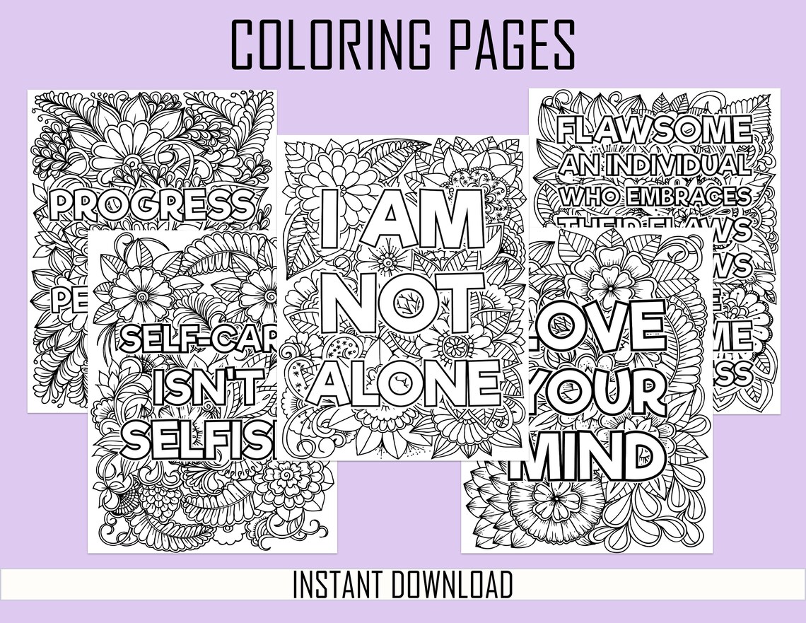 5 Coloring Book Pages, Mental Health Affirmations, Coloring Pages