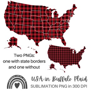 以下が含まれることがあります： アメリカ合衆国の赤と黒のバッファローチェック柄のPNG画像2枚をデジタルダウンロードできます。1枚は州境が含まれ、もう1枚は含まれていません。画像には「USA in Buffalo Plaid」と「SUBLIMATION PNG in 300 DPI」のテキストが含まれています。