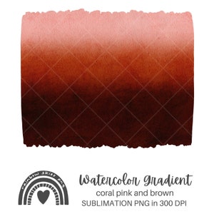 Puede incluir: Diseño de degradado de acuarela en rosa coral y marrón, con un borde texturizado y rasgado. La imagen presenta un degradado de color de rosa claro a marrón oscuro, con una superposición de patrón de diamantes. El texto dice "Watercolor gradient, coral pink and brown, SUBLIMATION PNG in 300 DPI."