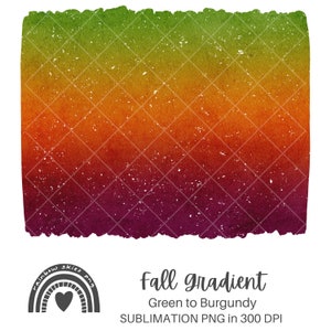 Puede incluir: Un diseño PNG de sublimación rectangular con un degradado otoñal. Los colores transicionan de verde a amarillo, naranja y borgoña. El diseño tiene una apariencia texturizada, acuarela con una superposición de cuadrícula de diamantes blancos y el texto "Fall Gradient Green to Burgundy".