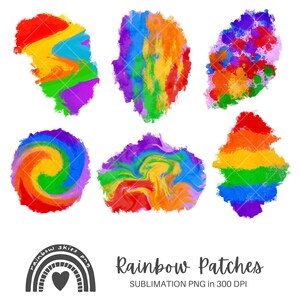 May include: Six colorful rainbow-themed digital paint splatter designs. The designs are in various styles, including swirls, stripes, and splatters. The colors are vibrant and include red, orange, yellow, green, blue, indigo, and violet.