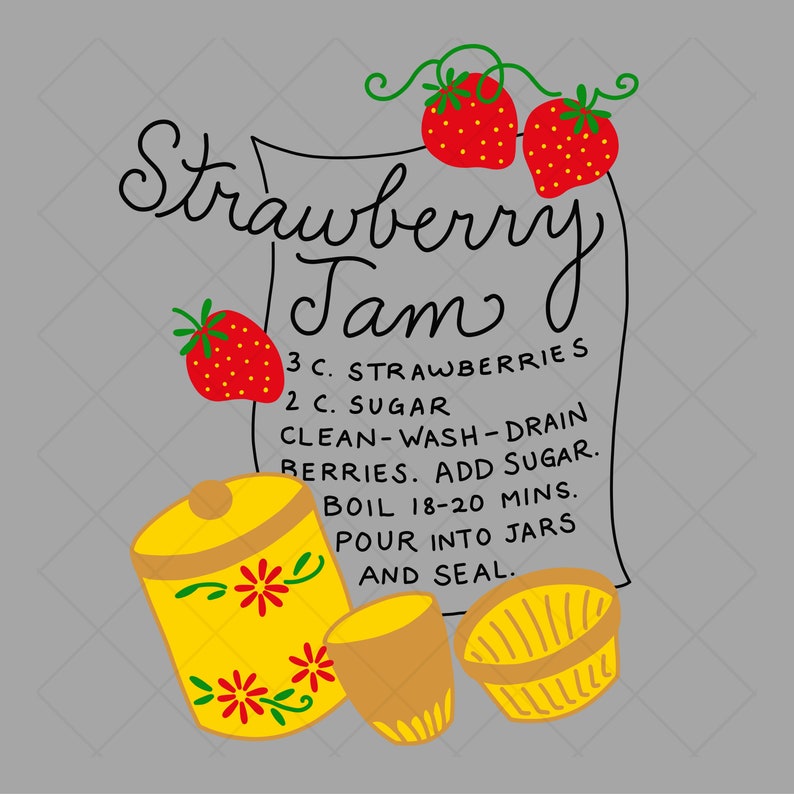 May include: A hand-drawn illustration of a recipe for strawberry jam. The recipe includes 3 cups of strawberries, 2 cups of sugar, and instructions to clean, wash, and drain the berries before adding sugar. The recipe also instructs to boil the mixture for 18-20 minutes, pour into jars, and seal.