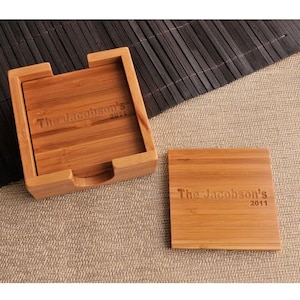 Custom Bamboo Wood Coasters- Set of 4 w/ Coaster Holder