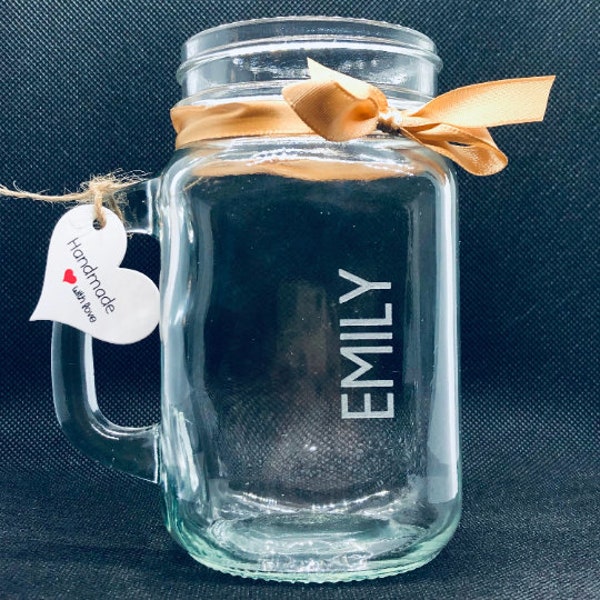 Personalized Mason Jar with Handle, lid and Stainless Steel Straw