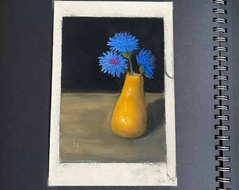 Cornflowers in Yellow Vase Original 7x5 Flower Soft Pastel Painting