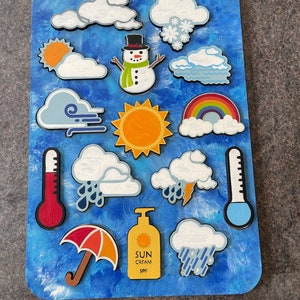 May include: A blue wooden board with various weather-themed cutouts, including a snowman, clouds, sun, rainbow, thermometer, rain, lightning, and an umbrella. The board has a blue and white marbled background.