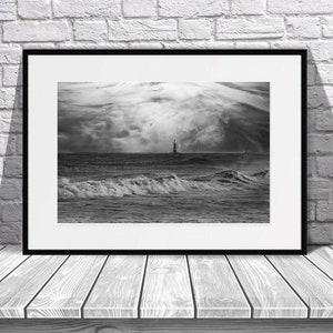 Black and White Dramatic Seascape, Fine Art Photographic Print, Wall Art, North East Coast United Kingdom, Lighthouse