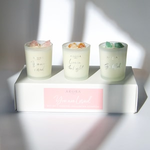 You are Loved Travel Candle Gift Set, Mini Trio Candle Set, Crystal Candle Gift, Candles for Love, Rose Quartz Crystal Votive, Soy Candles