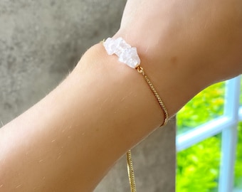 Raw Rose Quartz Crystal Bracelet: Gold Slider Chain, Adjustable