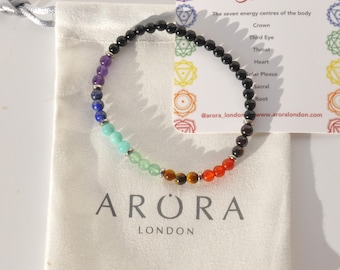 Dainty Chakra Bead Bracelet, 4mm beads of Black Tourmaline, 7 Chakra Bracelet