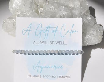 Dainty Aquamarine Crystal Bracelet - Calming Gemstone Bead, Gift Card Included